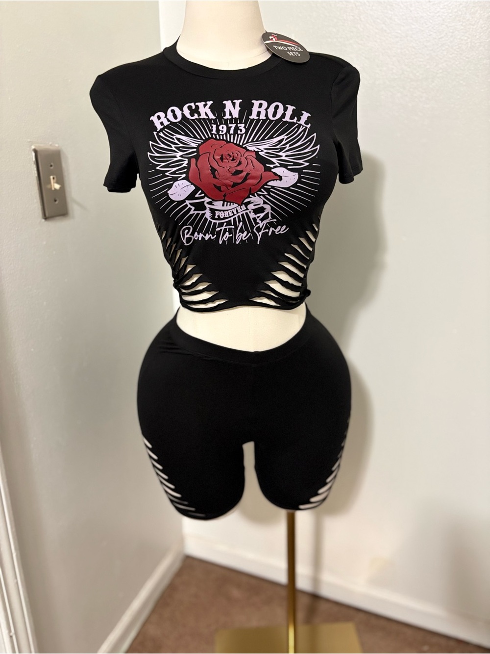 love J Black Cutout Bike Short Set with Red Rose Graphic